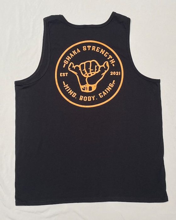 Back of the men's black tank top with the large gold logo