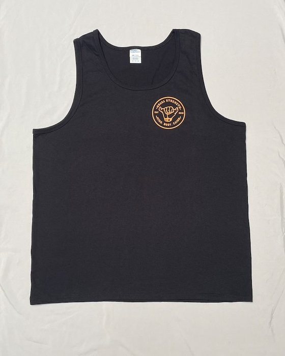 Front of the men's tank top with the small gold logo