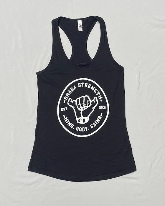 Women's black racerback tank with the large white logo